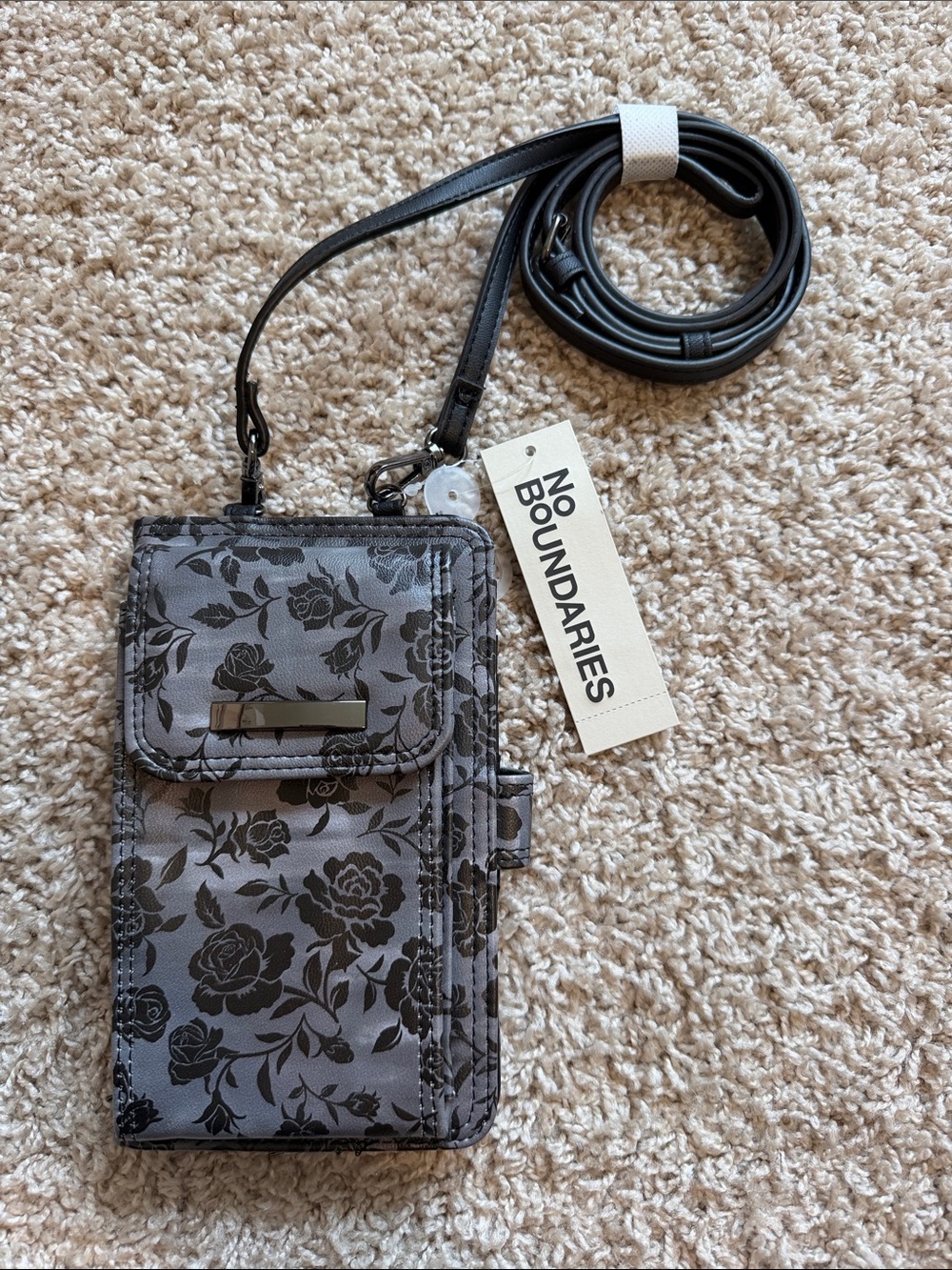 No Boundaries Gray Floral Crossbody Phone Wallet with Black Strap